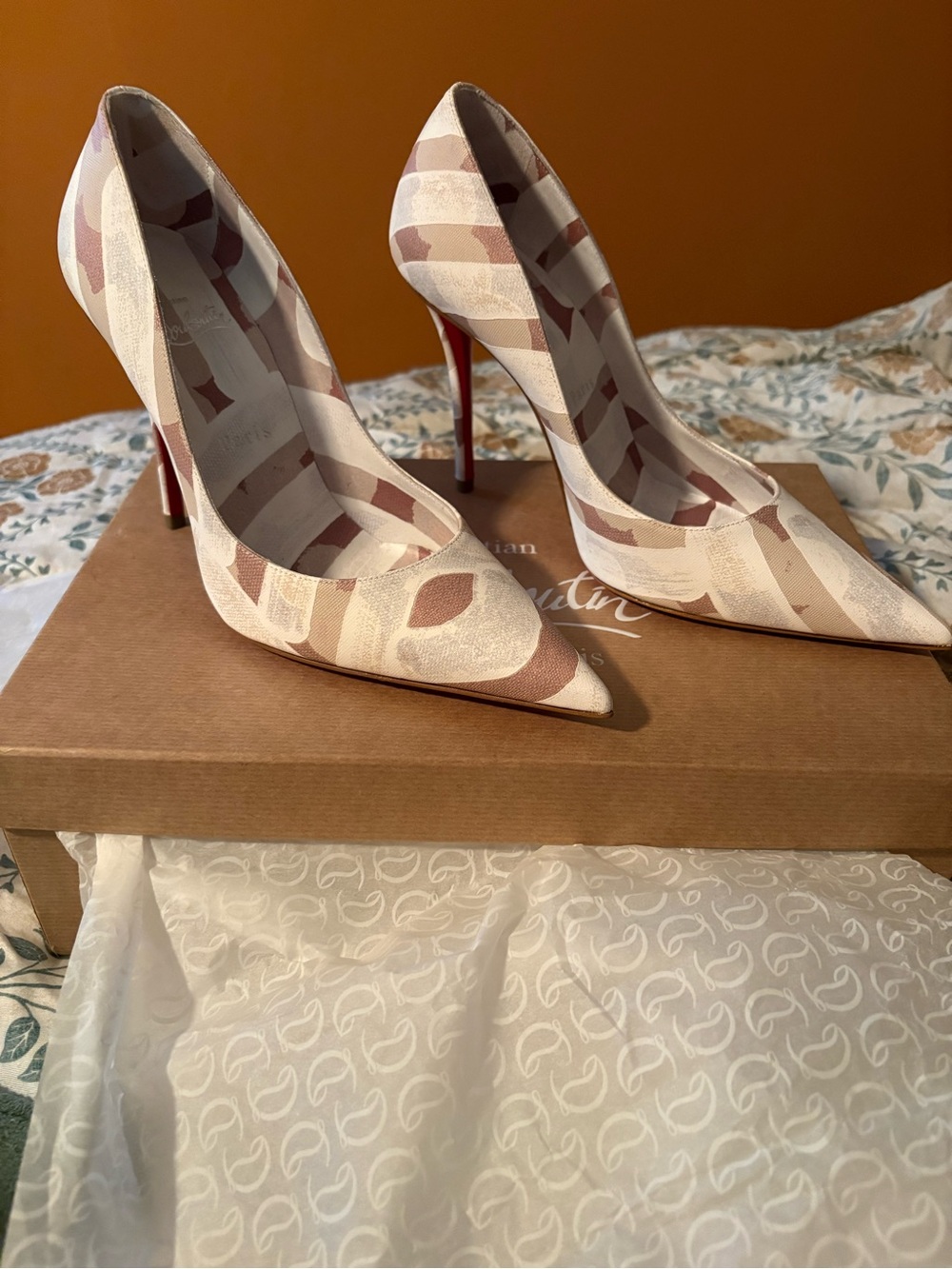 Christian Louboutin Beige and Tan Patterned Patent Pointed Toe Pumps